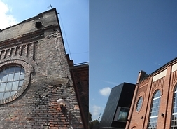 Powiększ zdjęcie, fragment budynku Elektrowni z zewnętrz – przed i po remoncie