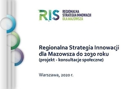 Infografika z nazwą i symbolem graficznym Regionalnej Strategii Innowacji dla Mazowsza do 2030 roku.