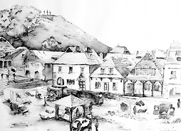 rysunek czarno-biały przedstawiający rynek w kazimierzu