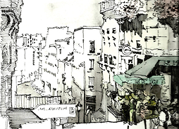 jedna z uliczek Paryża na rysunku czarno-białym