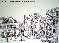 dawny rynek Płońska narysowany przez artystę, czarno-biały
