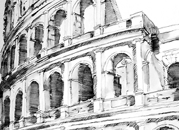 rysunek czarno-biały przedstawiający koloseum w Rzymie