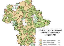 mapa Mazowsza z zaznaczonymi gminami i powiatami, będącymi partnerami projektu ASI