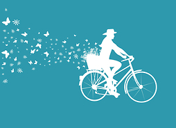 Grafika przedstawiająca postać jadącą na rowerze