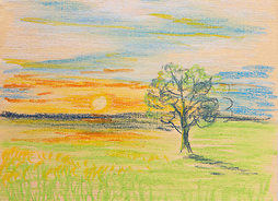 krajobraz malowany na płótnie, na pierwszym planie drzewo, w tle zachód słońca