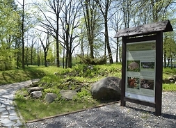 Fragment parku ze ścieżką i stojącą przy niej tablicą informacyjną o miejscowych ssakach