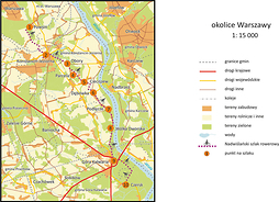 mapa okolic Warszawy z zaznaczoną trasą i punktami na szlaku