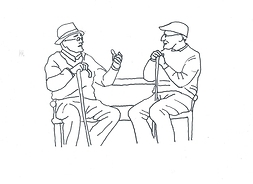 grafika przedstawiająca dwóch starszych panów siedzących na ławeczce, gestykulujących podczas rozmowy