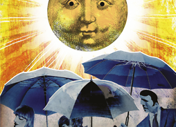 grafika: słońce, a pod nim szarzy ludzie z parasolami