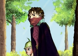 Strona tytułowa komiksu. Mężczyzna i chłopiec idący przez las. Mężczyzna w długim płaszczu z twarzą zasłoniętą chustą, obok idzie chłopiec w hełmie i krótkiej pelerynieidzie mały chłopiec