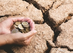 Ręka trzymająca garść monet na bardzo przeschniętą glebą