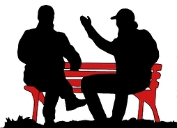 Grafika cienie dwóch mężczyzn na ławce, jeden gestykuluje