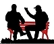 Rysunek przedstawiający dwóch mężczyzn rozmawiających na ławce