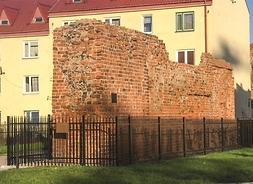 fragment muru, w tle budynek