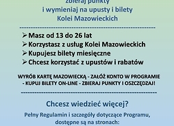 Plakat tekstowy, informujący o nowym programie lojalnościowym Kolei Mazowieckich..