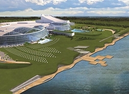 obraz z lotu ptaka widać kompleks budynków i plażę