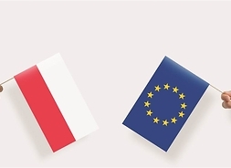 po lewej w dłoni trzymana jest flaga Polski, po prawej - w dłoni flaga Unii Europejskiej