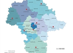Mapa Mazowsza z zaznaczonym zasięgiem terytorialnym poszczególnych delegatur