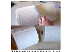 2 zdjęcia, jedno ręcznika papierowego, drugie przeciętego ręcznika, z którego powstają rolki papieru toaletowego. napis mówi, jak można podwoić majątek prostym trikiem