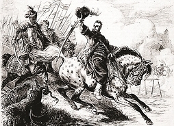 rysunek pokazuje, jak mężczyżni na koniach walczą ze sobą