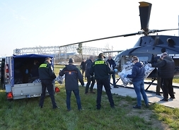 strażnicy miejscy i urzędnicy stoją przy helikopterze