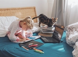 dziewcxzynka siedzi na łóżku, odrabia lekcje obok iej leży pościel, laptop, książki, zeszyty flamastry i kot