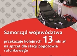 Plakat w formie graficznej zawierający zdjęcie fotela medycznego w prawym górnym rogu, pod spodem informacja o wysokości udzielonego wsparcia przez Samorząd Mazowsza. Na dole plakatu logotyp Funduszy Unii Europejskiej, flaga Polski, Mazowsza serca Polski oraz Unii Europejskiej.