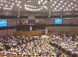 uczestnicy posiedzenia w sali obrad członków Europejskiego Komitetu Regionów, widok z góry