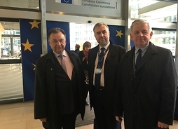Marszałkowie: Struzik, Sosnowski oraz Woźniak po spotkaniu z Komisarz ds. polityki spójności w budynku Komisji Europejskiej