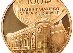 Moneta na 100-lecie Teatru Polskiego, grawer na złotym tle przedstawia budynek Teatru Polskiego