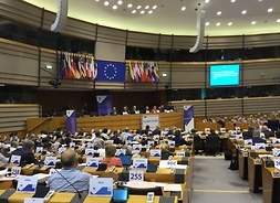 Sala udekorowana jest unijnymi flagami
