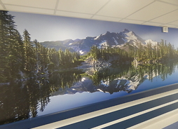 Zdjęcie przedstawia ścianę korytarza z górskim pejzażem