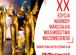 Plakat promujący wydarzenie. Po lewej stronie są złote statuetki. po prawej - terminy zgłoszeń