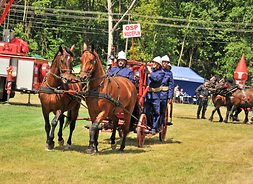 Starodawną dorożką zaprzęgniętą w dwa konie jadą strażacy w umundurowaniu. Trzymają tablicę z napisem OSP Ocieplin