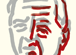 Plakat przedstawiający narysowane kontury twarzy Gombrowicza. Połowa twarzy jest nadmalowana czerwoną linią nad pierwszym rysunkiem, co sprawia wrażenie dwuwymiarowości