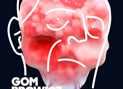 Kontury twarzy Gombrowicza, pod nie wpasowany jest czerwony mózg ludzki. Tło plakatu jest czarne