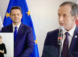 Przemawia stojąc przed mikrofonem marszałek Senatu RP prof. Tomasz Grodzki, za nim po lewej stoi Prezydent m.st. Warszawy Rafał Trzaskowski.