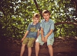 Dwaj chłopcy siedzą obok siebie na grubym konarze drzewa. W tle widać gęstą koronę drzewa