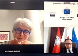 Marszałek z Isabelle Boudineau,szefową Komisji COTER, na ekranie monitora podczas transmisji
