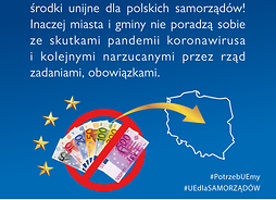 infografika, na niebieskim tle widoczna jest grafka euro i kontury Polski, nad nią napis Rząd musi zabezpieczyć dodatkowe środki unijne dla polskich samorządów! Inaczej miasta i gminy nie poradzą sobie ze skutkami pandemii koronawirusa i kolejnym zadaniam