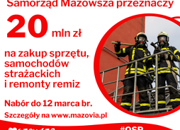 Grafika z informacją o wsparciu samorządu dla strażaków. Po prawej stronie jest zdjęcie dwóch strażaków podczas akcji ratowniczej