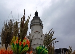 palmy wielkanocne w tle wieża szydłowieckiego ratusza