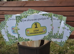 tabliczki z napisami mówiącymi o tym, która grupa opiekuje się drzewkiem