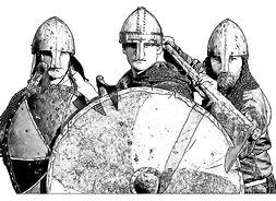 rysunek trzech wikingów z mieczami i tarczami