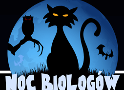 logo Nocy Biologów - czarny kot na tle księżyca