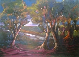 obraz Andrzeja Strzelczyka, nastrojowy widok na drzewa o półmroku