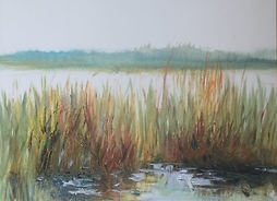 obraz Andrzeja Strzelczyka, zarośla nad jeziorem