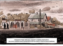 scenka z komiksu, widoczny przystanek jakiej miejscowości