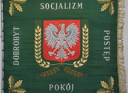 Sztandar Powiatowego Komitetu Zjednoczonego Stronnictwa Ludowego w Skierniewicach (awers) - znak orła białego na zielonym sztandarze