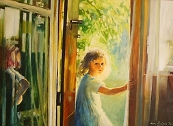 Pastelowy obraz przestawiający dziewczynkę w wejściu do domu
